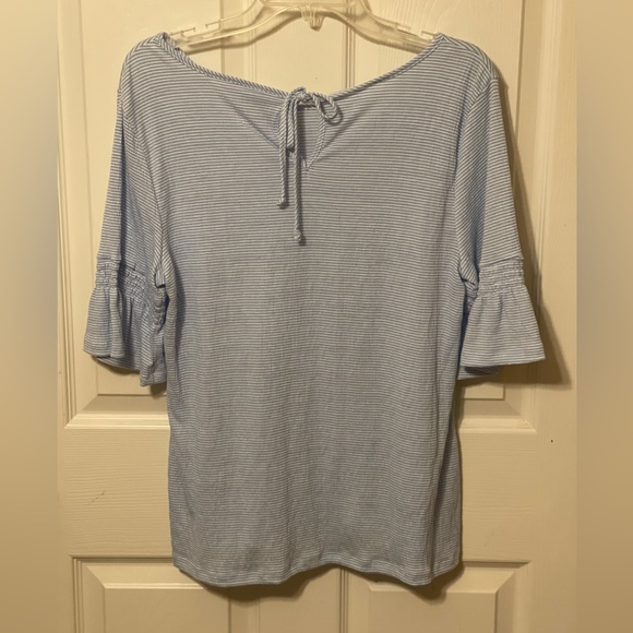 Lauren Conrad, Blue/ White Stripe, 3/4 Flounce Sleeve, Tie-Back Top, Size L - Picture 1 of 4